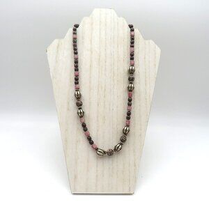 Vintage Artisan Beaded‎ Necklace Silver Tone Pink Cube Brown Stone 23" Lobster